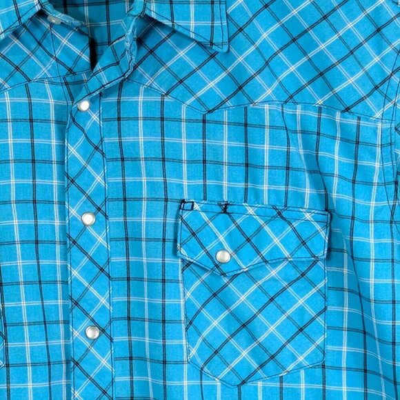 Wrangler Wrancher Shirt Mens 2XT Pearl Snap Blue Plaid Short Sleeve Pockets - Picture 2 of 12